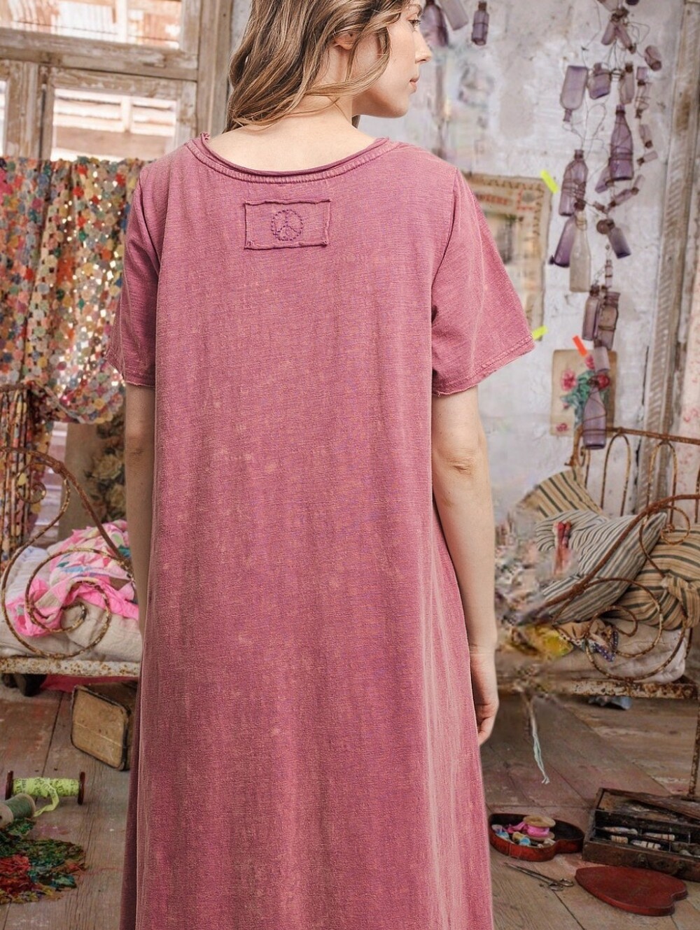 Magnolia Style Free Relaxed Mauve Graphic Long boho Cotton Dress with Pockets L - Picture 3 of 16